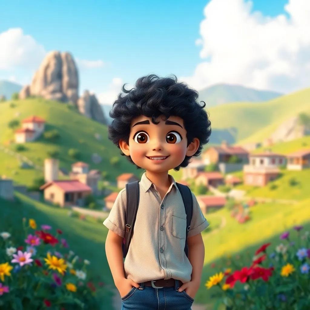 A young Arab boy, Ali, with curly black hair wearing a simple shirt and jeans, exploring a beautiful village surrounded by green hills and colorful flowers, cheerful atmosphere, digital art, bright colors, inviting scene, high quality