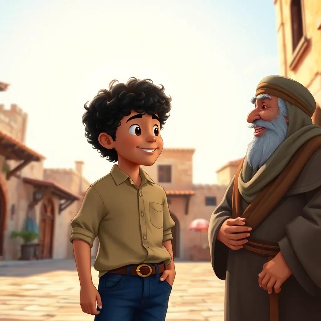 A young Arab boy, Ali, with curly black hair wearing a simple shirt and jeans, talking to an old man with a kind smile in a quaint village square, sunlight shining, friendly mood, digital illustration, warm colors, engaging scene, high quality