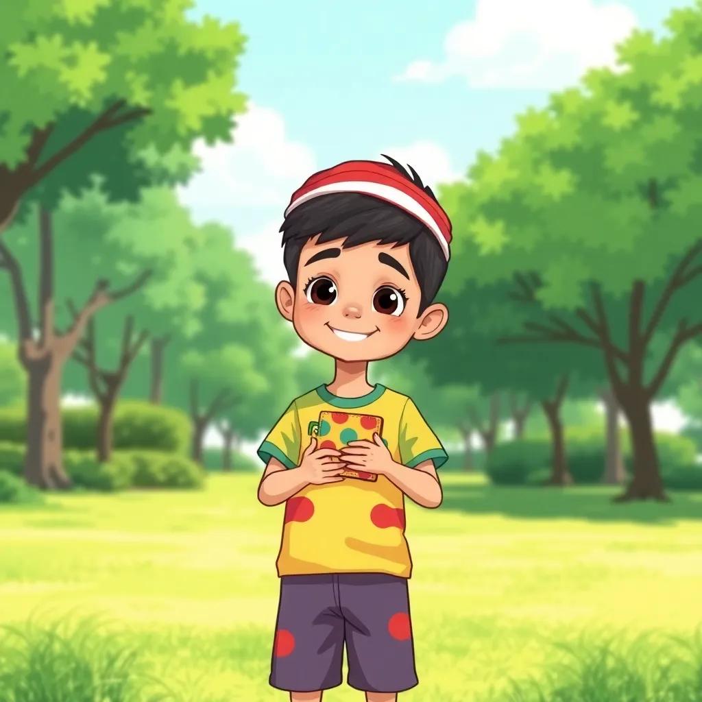 A young Arab boy, Ali, with short black hair, wearing a colorful t-shirt and shorts, standing in a bright green park, holding a colorful wallet with a curious expression, cheerful, sunny day, child-friendly atmosphere, high quality