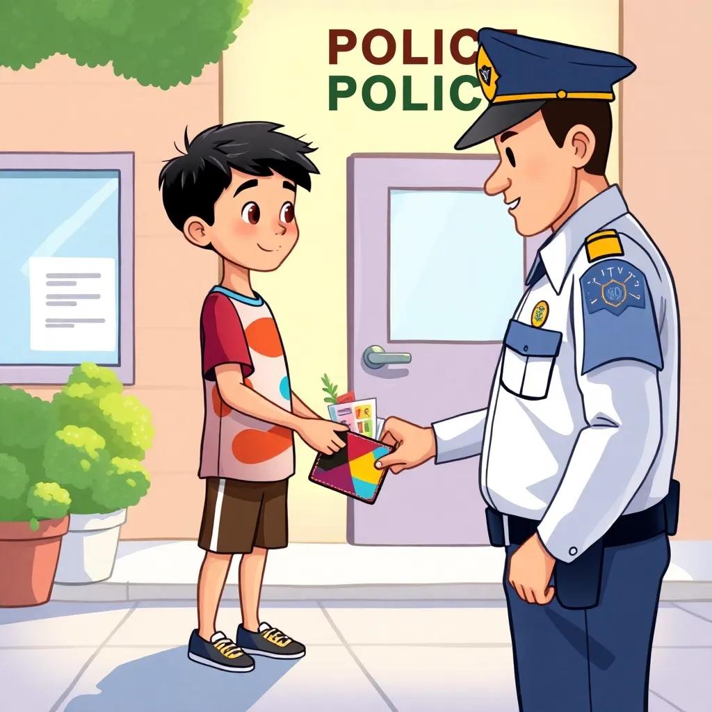 A scene of a young Arab boy, Ali, with short black hair, wearing a colorful t-shirt and shorts, standing in front of a police station, handing a colorful wallet to a police officer, bright and inviting, warm light, community spirit, high quality