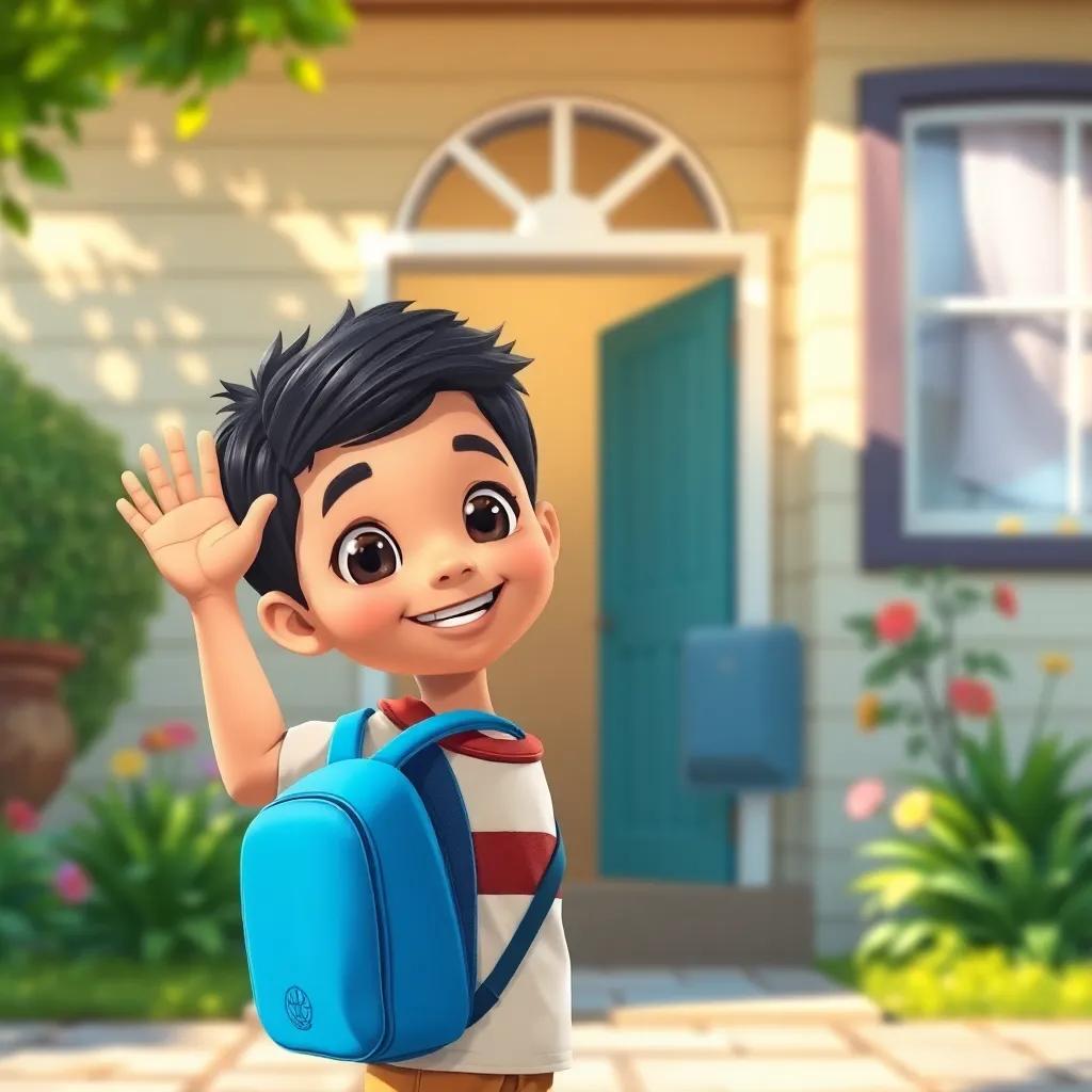 A young Arab boy, Ali, with short dark hair, wearing a blue backpack, waving goodbye to his mother in front of his house on a sunny morning, cheerful atmosphere, vibrant colors, childhood excitement, detail-rich