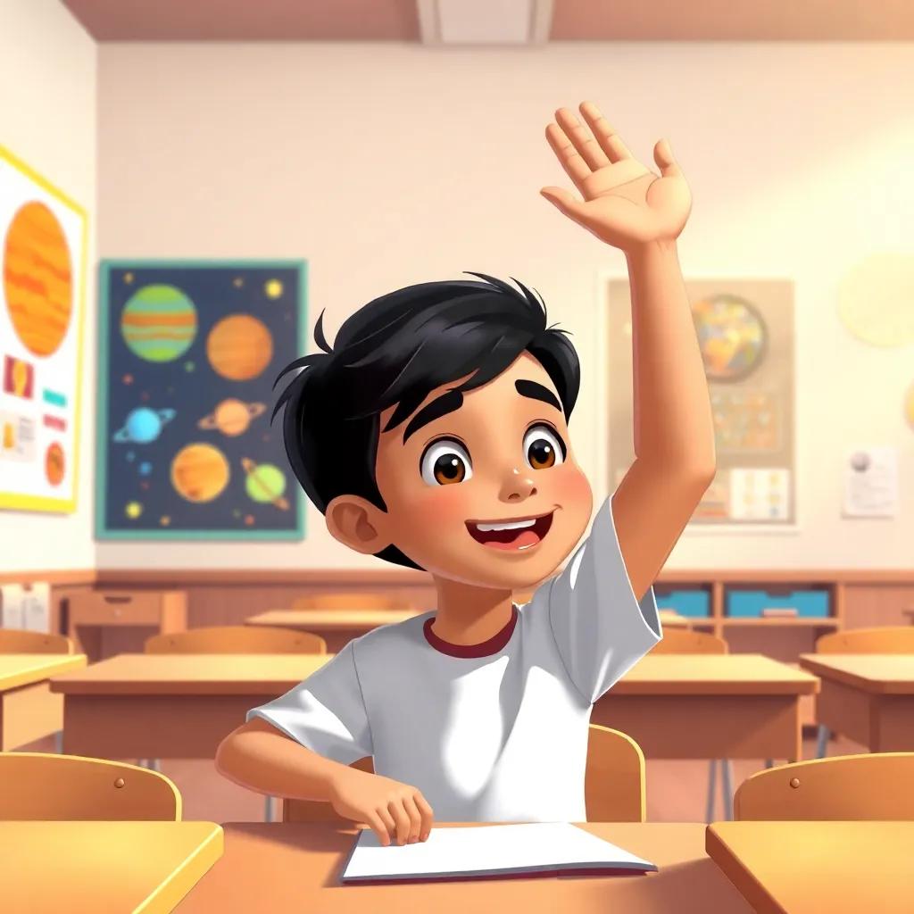 A classroom with a young Arab boy, Ali, with short dark hair, sitting at his desk, excitedly raising his hand, surrounded by colorful posters of planets, bright classroom light, engaging learning environment, digital illustration, lively
