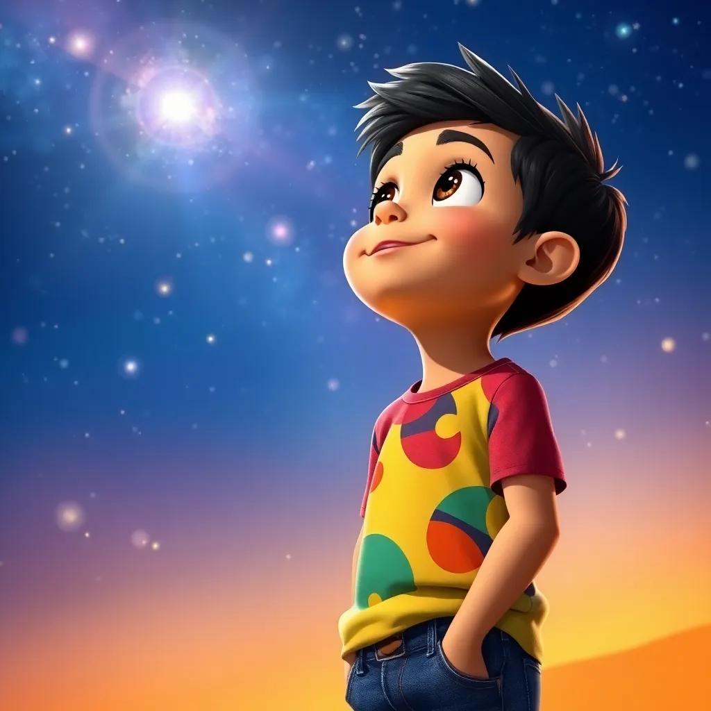 A young Arab boy, Ali, with short black hair, wearing a colorful t-shirt and jeans, looking up at a starry sky with wonder and excitement, digital art, vibrant colors, warm and magical atmosphere, high quality