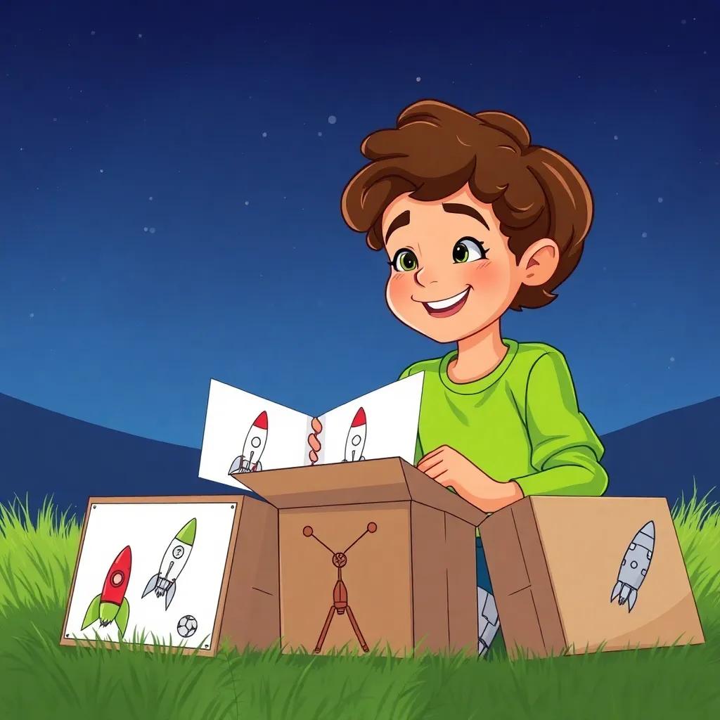 A young Arab boy, Sami, with curly brown hair, wearing a bright green shirt, smiling while looking at boxes and drawings of rockets with Ali, sitting on grass under the night sky, illustration, cheerful, imaginative scene, child-friendly