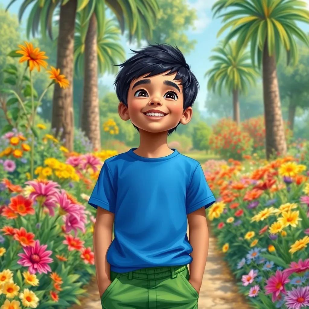 A young Arab boy, Ali, with short black hair, wearing a blue t-shirt and green shorts, standing in a beautiful garden filled with colorful flowers and tall trees, smiling and taking a deep breath of fresh air, digital art, bright colors, cheerful atmosphere, high quality