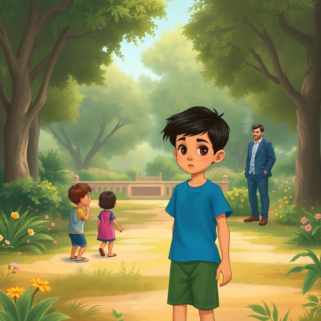 A young Arab boy, Ali, with short black hair, wearing a blue t-shirt and green shorts, playing with his friends in a large garden, looking concerned as he sees a man smoking nearby, surrounded by trees and flowers, children's illustration, warm colors, engaging perspective, child-friendly