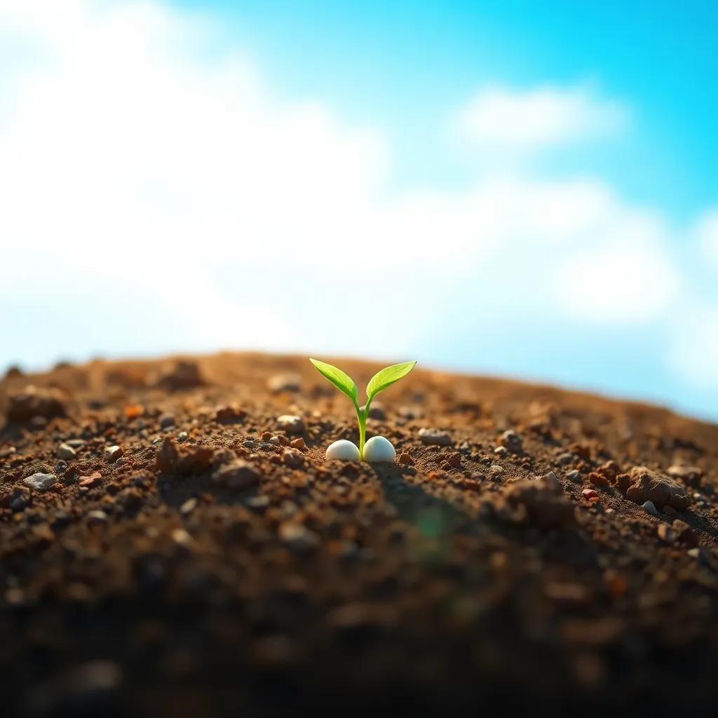 A small seed, symbolizing potential, nestled in rich soil under a bright blue sky, digital art, colorful and inviting, emphasizing growth and dreams