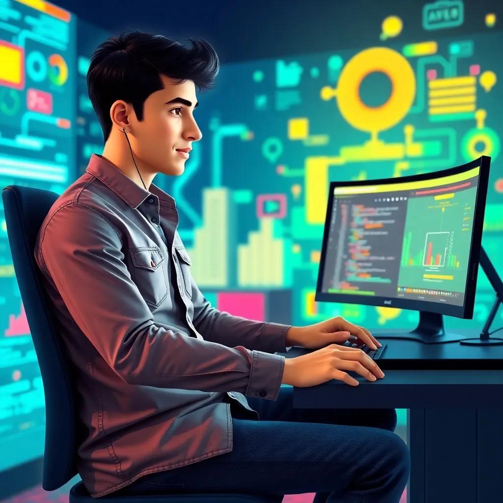 A young Arab man, Ali, with short black hair, wearing a casual shirt and jeans, sitting at a computer, coding with determination, with a backdrop of software designs, bright colors, optimistic atmosphere