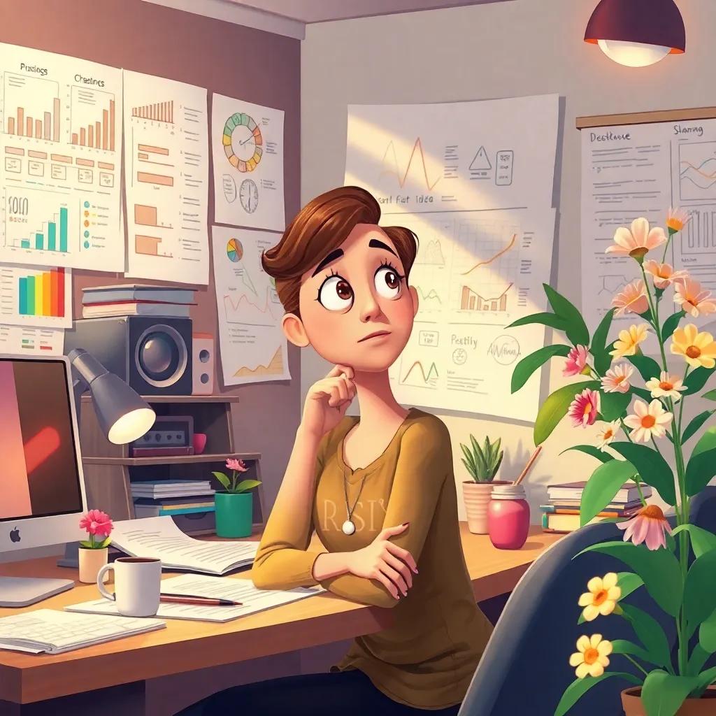 Ali looking thoughtful in a workspace surrounded by charts and brainstorming notes, illustrating ideas blooming like flowers, warm light, vibrant colors