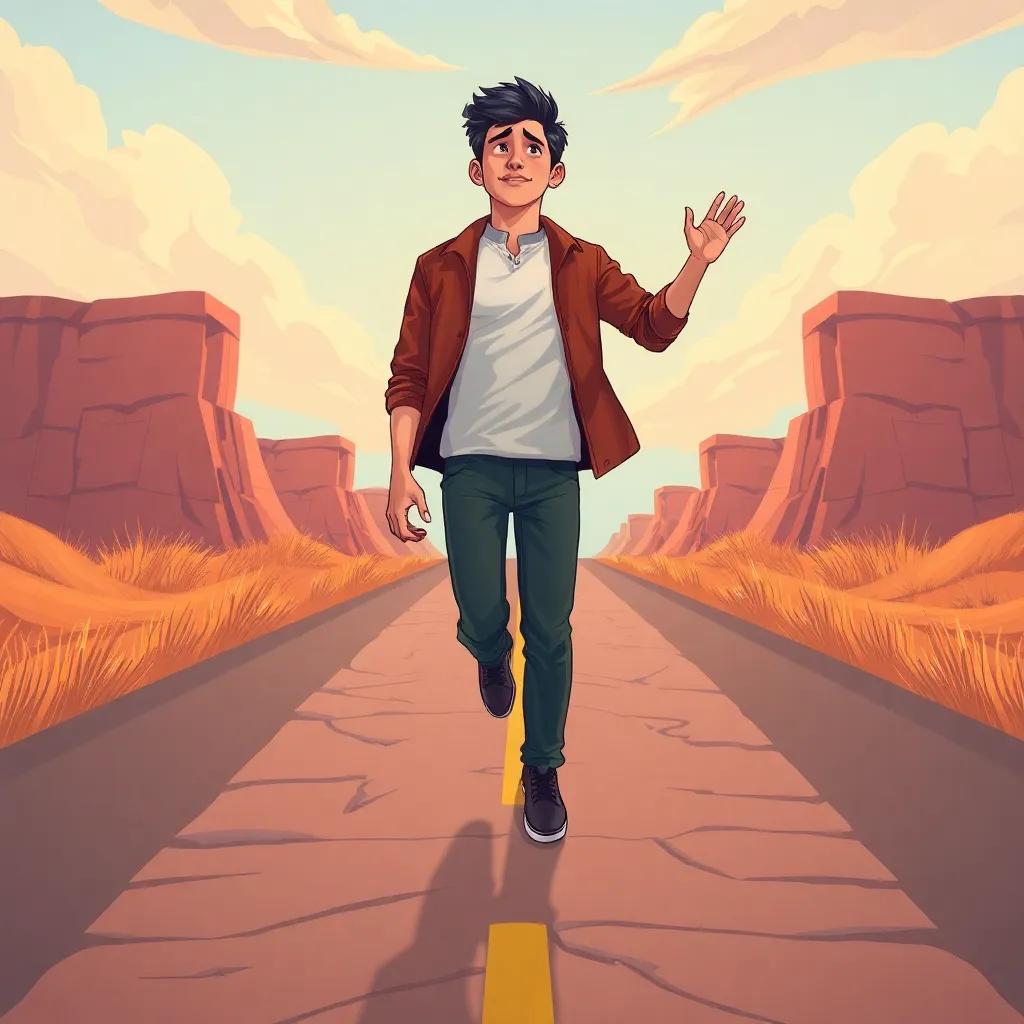 Ali, a determined young man, taking a leap of faith, standing at a crossroads between a stable job and his dream, with symbolic paths ahead, illustrative, bold colors