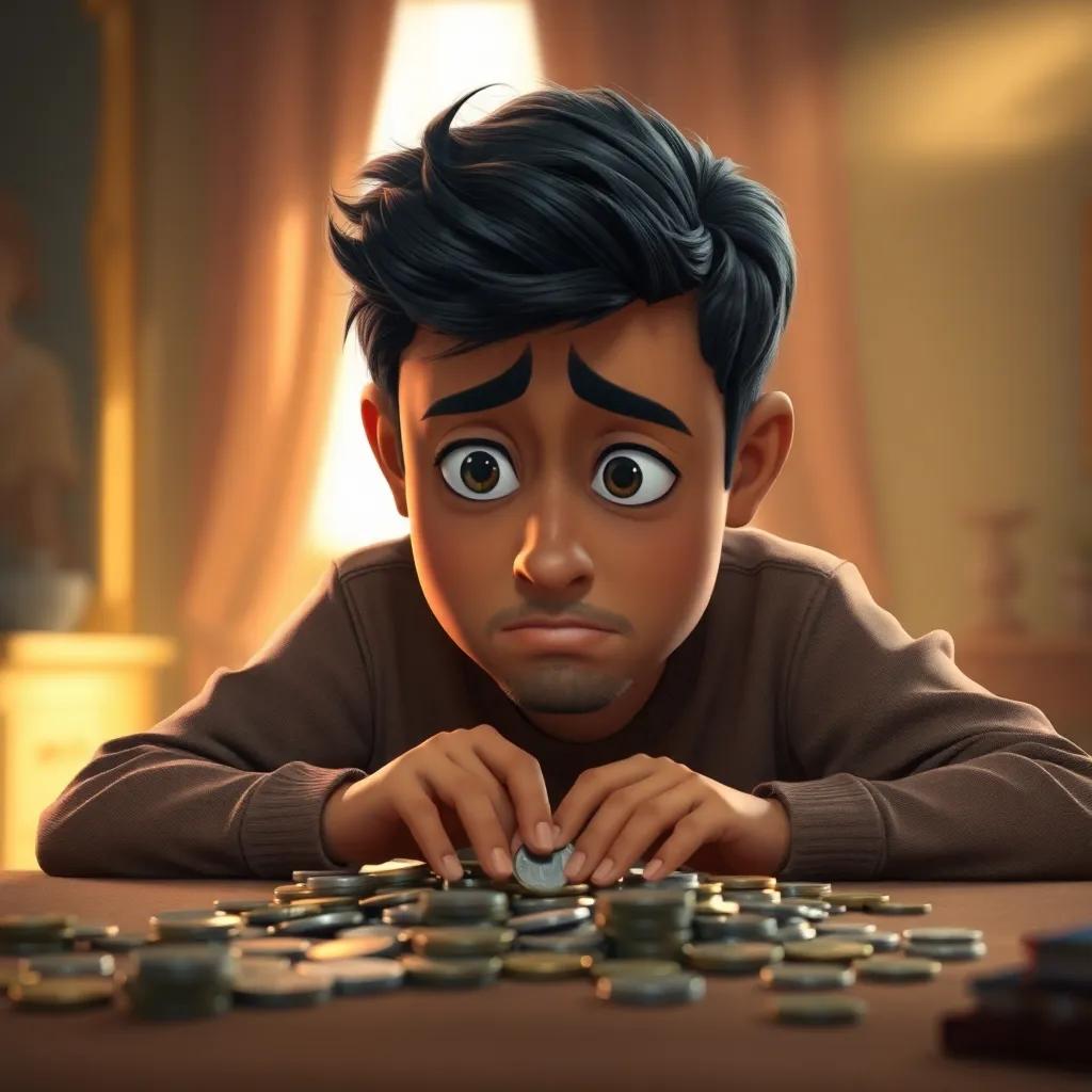 A worried expression on Ali's face, counting coins on a table, reflecting his financial challenges, soft light, with a hint of hope in the background