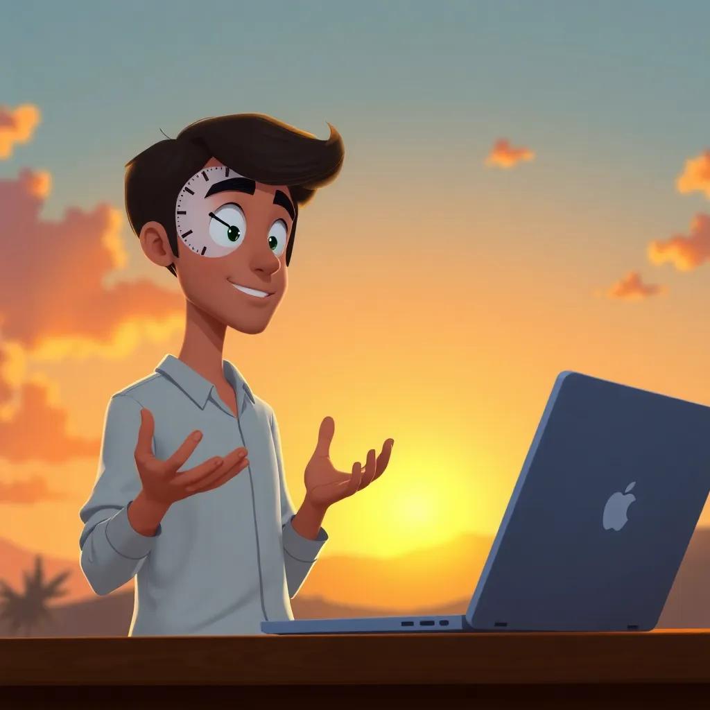 Ali juggling responsibilities, looking at a clock and a laptop, with a sunset in the background symbolizing time slipping away, realistic, warm tones