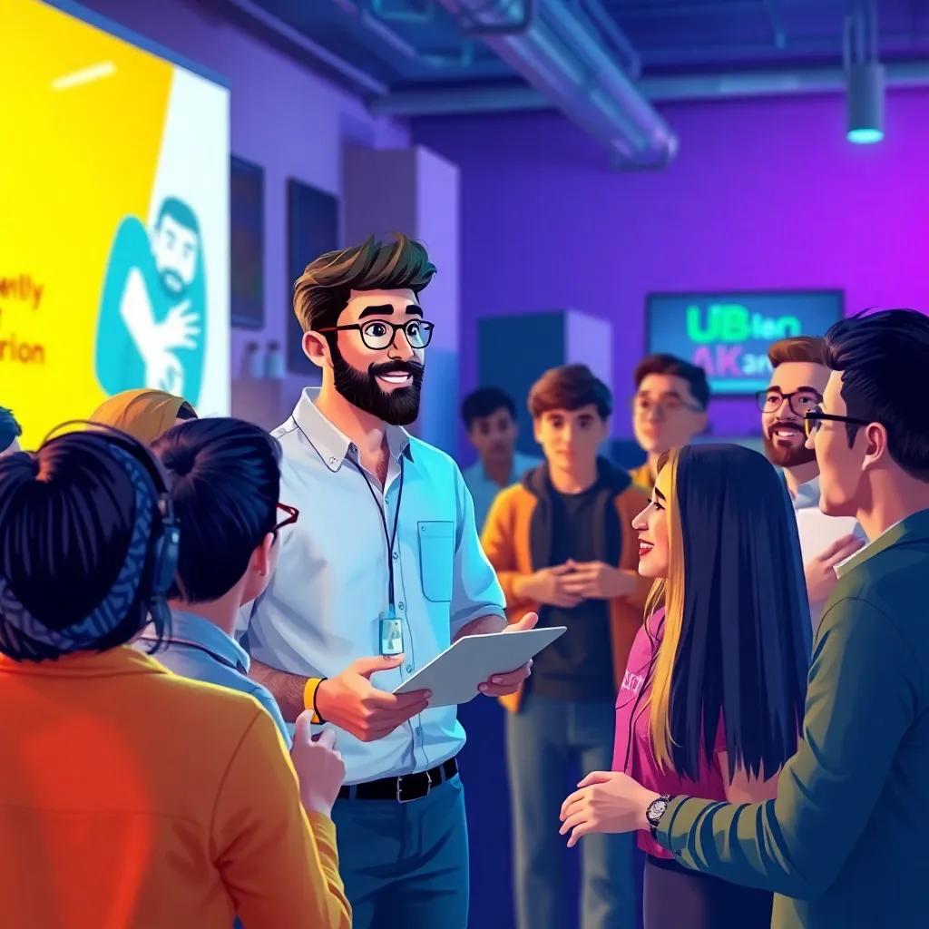 Ali presenting his prototype to small business owners, surrounded by enthusiastic listeners, vibrant colors, energetic atmosphere