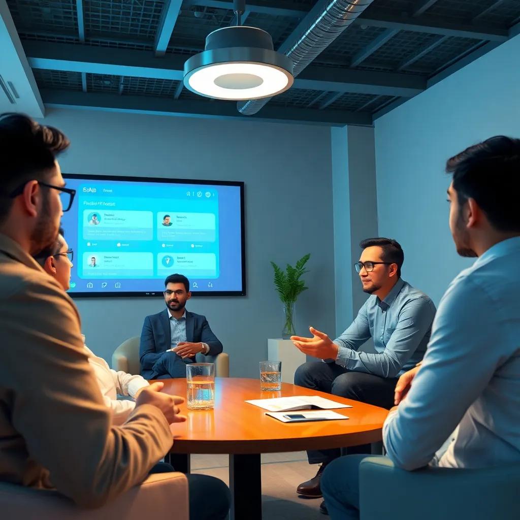 A group of investors discussing with Ali, exchanging ideas, with a projection screen showing the app’s features, bright and engaging, professional setting