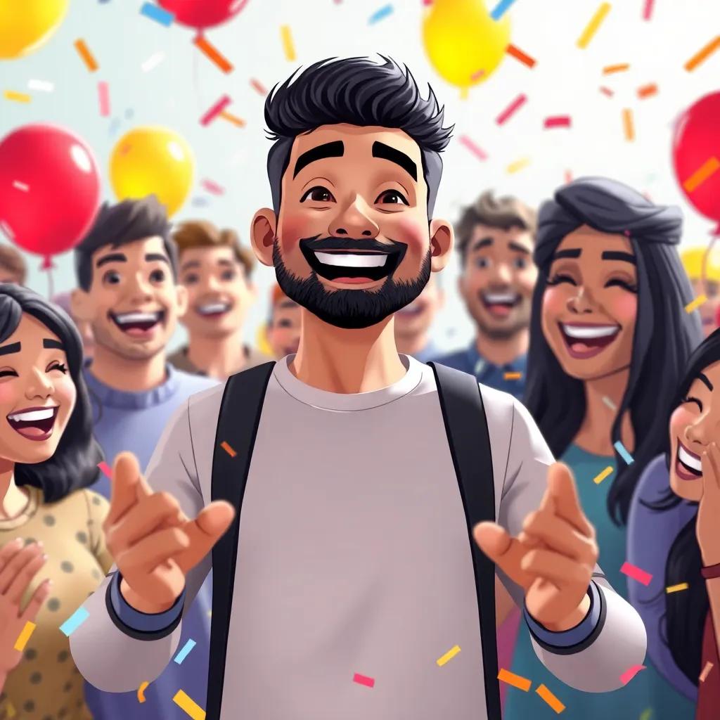 Ali celebrating with his team after the app's successful launch, surrounded by happy users, balloons and confetti, joyful scene, bright colors, meaningful connection