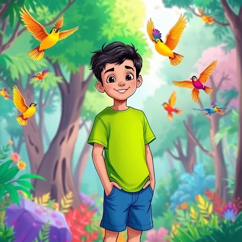 A young Arab boy, Ali, with short black hair wearing a green t-shirt and blue shorts, standing at the edge of a colorful forest, vibrant birds flying around, digital art, bright colors, cheerful atmosphere, high quality
