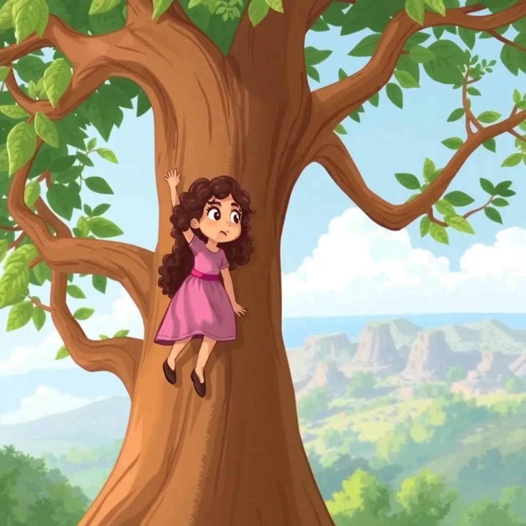 A young Arab girl, Tara, with long curly hair wearing a pink dress, climbing a giant tree with green leaves, looking amazed at the beautiful view from the top, illustration, lively environment, sense of adventure, child-friendly
