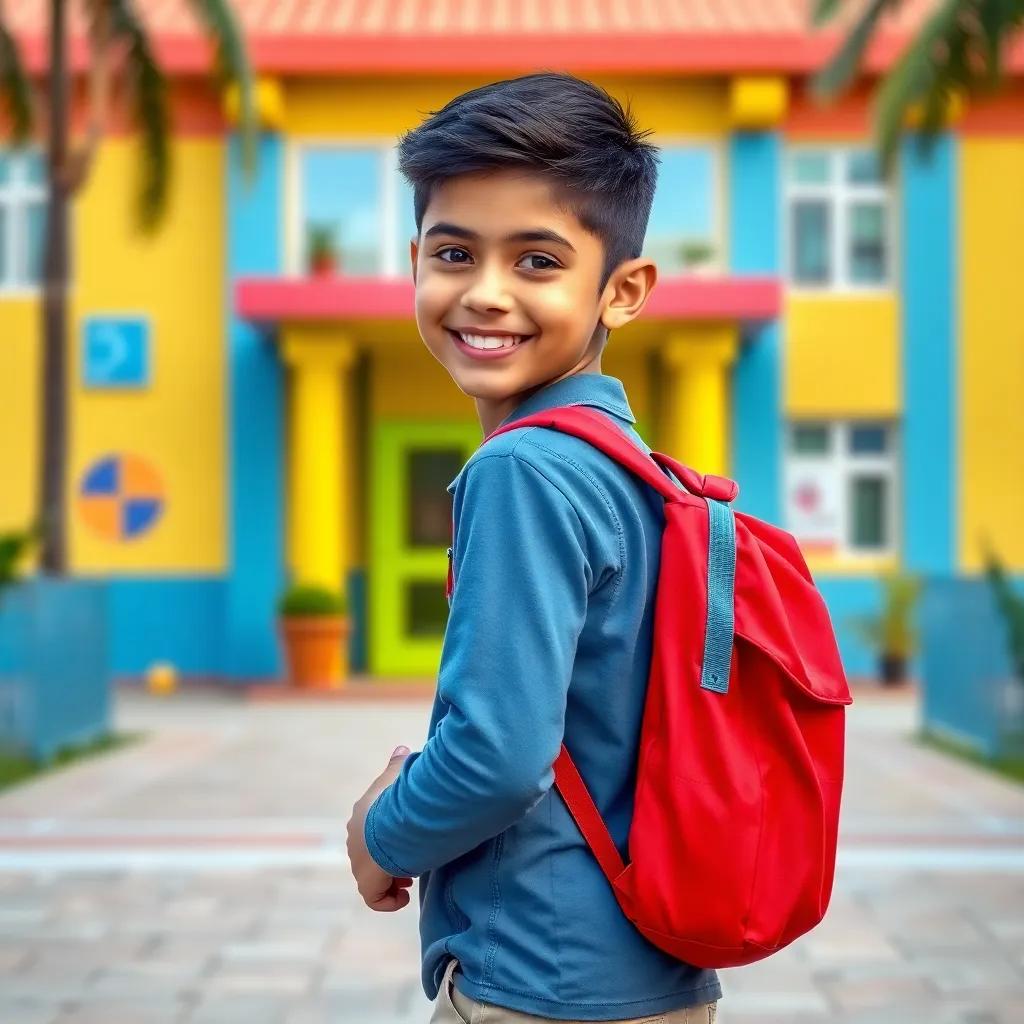 A young Arab boy, Ali, with short black hair, wearing a bright red backpack and a blue shirt, walking joyfully towards a colorful school building, mid-morning, cheerful atmosphere, digital art, high quality