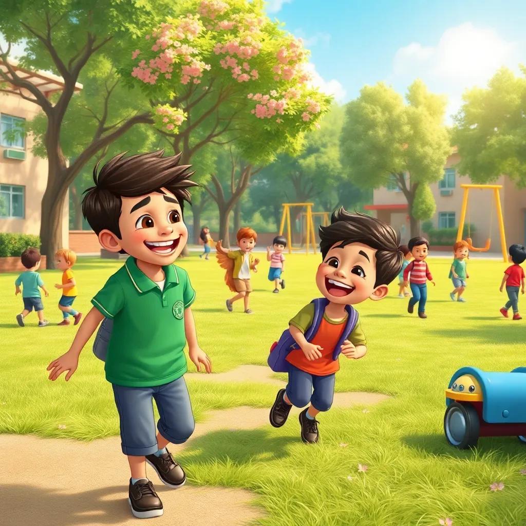 A lively schoolyard filled with children playing, with Ali and his friend Sami happily laughing and playing, with trees and swings in the background, bright sunny day, colorful and inviting, illustration, high quality