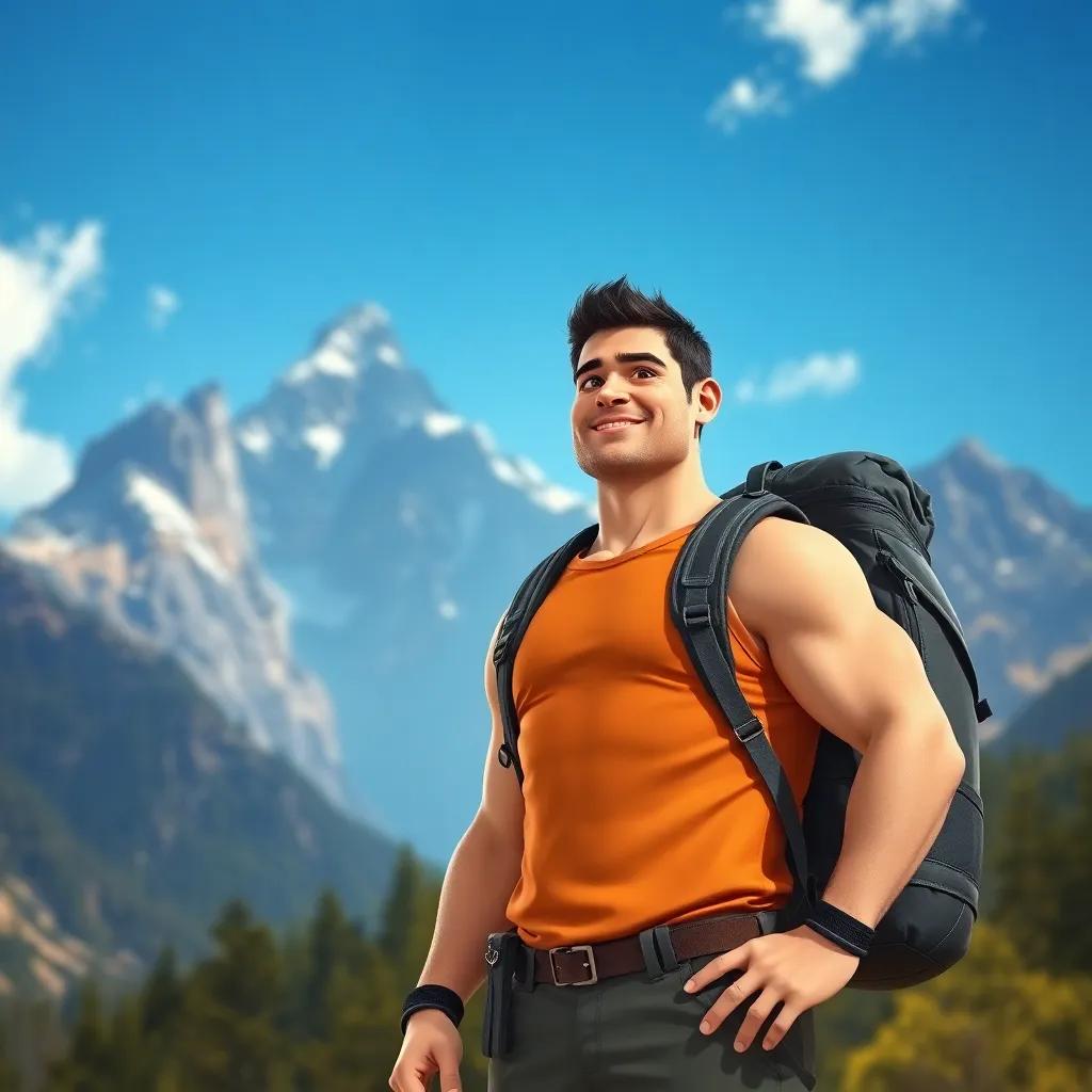 A strong man, Ali, with a muscular build wearing a hiking outfit and a backpack, standing before towering mountains under a blue sky, adventurous, vibrant colors, inspiring atmosphere, high quality