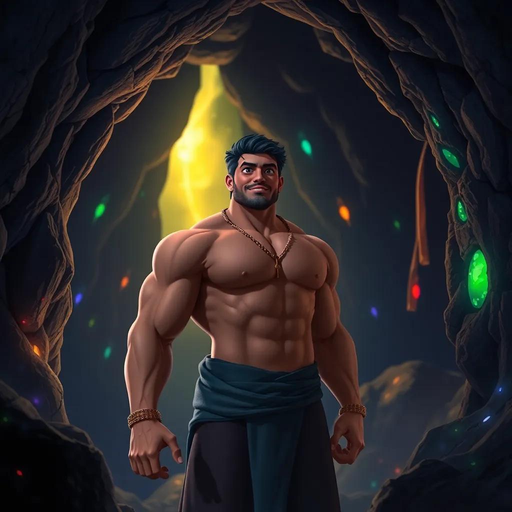 Ali, a strong man with a muscular build, inside a dark cave with glowing mineral light, surrounded by colorful reflections dancing on the cave walls, magical, enchanting scene, child-friendly, high quality