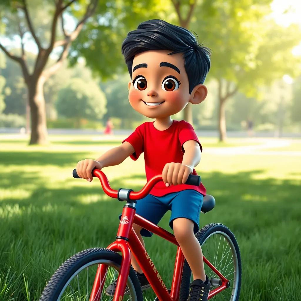 A young Arab boy, Ali, with short black hair, wearing a bright red t-shirt and blue shorts, riding a shiny red bicycle in a sunny park, surrounded by green grass, cheerful atmosphere, digital art, vibrant colors, high quality