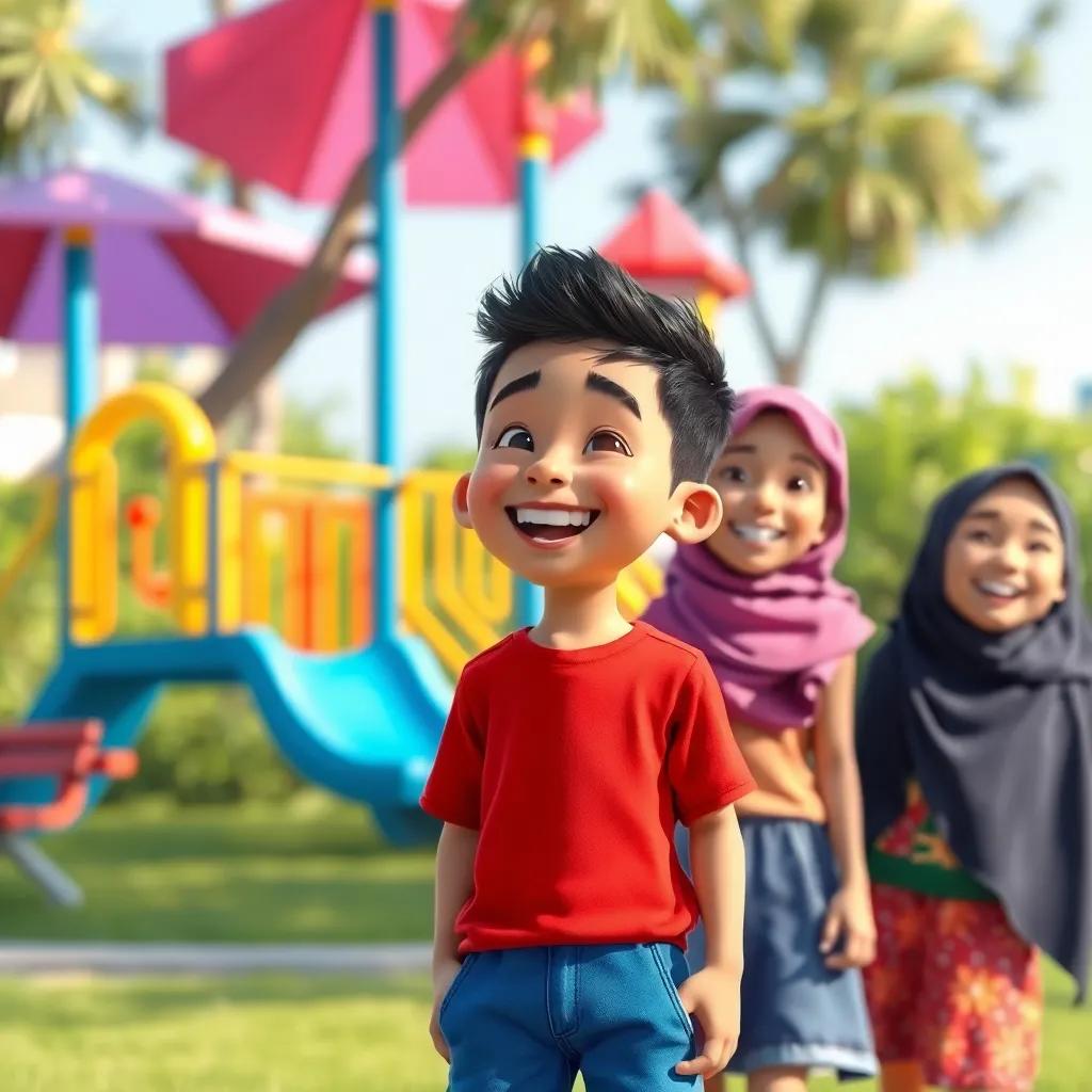 Ali, a young Arab boy with short black hair in a bright red t-shirt and blue shorts, laughing with his friends, Hassan and Zeinab, in the park, colorful playground in background, joy-filled scene, cheerful, child-friendly vibe, high detail