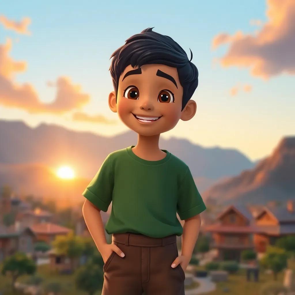 A young Arab boy, Ali, with short black hair, wearing a green shirt and brown shorts, smiling while standing in a peaceful village surrounded by mountains at sunset, digital art, warm colors, inviting atmosphere, high quality