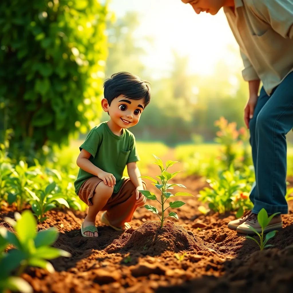 A young Arab boy, Ali, with short black hair, wearing a green shirt and brown shorts, with his father in a lush garden, planting a small tree together in rich soil, bright sunlight, cheerful scene, child-friendly, high quality