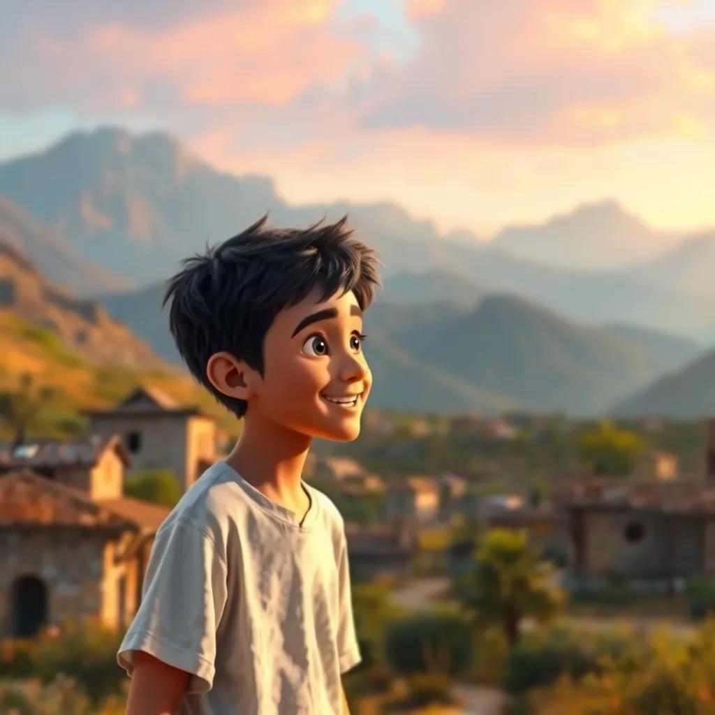 A young Arab boy, Ali, with short black hair, wearing casual clothes, standing in a peaceful village surrounded by mountains, smiling at his father, warm evening light, vibrant colors, capturing the beauty of nature, digital art, engaging scene, high quality