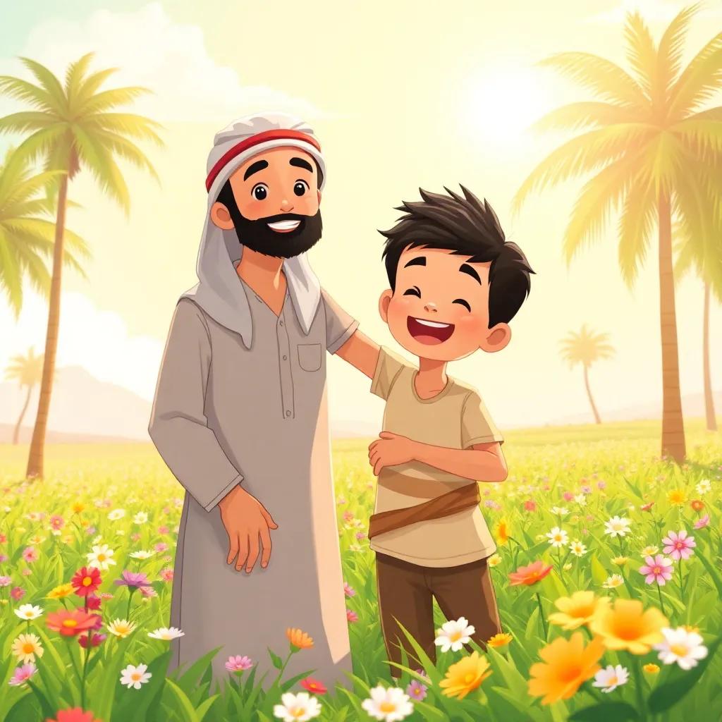 Ali, a young Arab boy, with short black hair, wearing casual clothes, joyfully assisting his father in a fertile field, with flowers and palm trees around them, under a bright morning sky, illustration, cheerful, colorful, family bonding, child-friendly