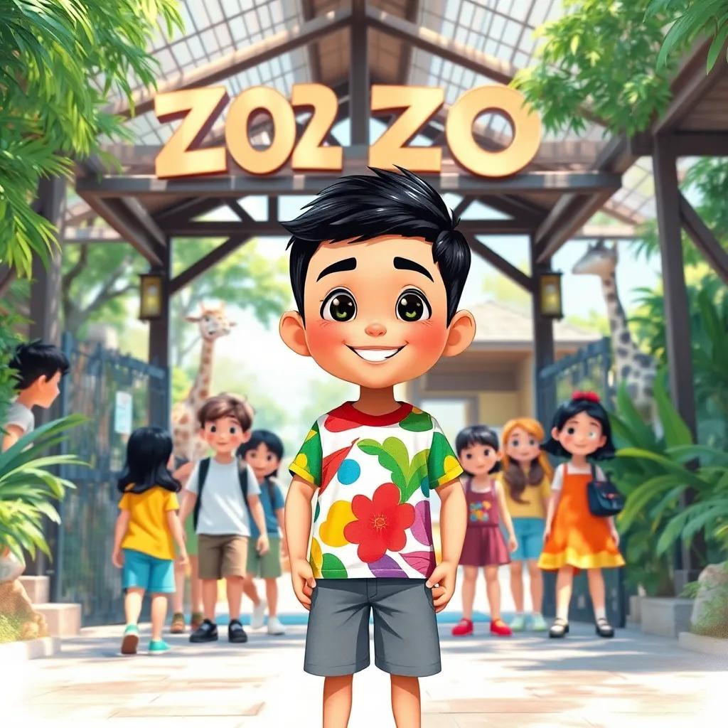 A young Arab boy, Ali, with short black hair, wearing a colorful t-shirt and shorts, standing happily at the entrance of a zoo, surrounded by excited friends, sunny day, cheerful atmosphere, watercolor style, bright colors, engaging perspective, high quality