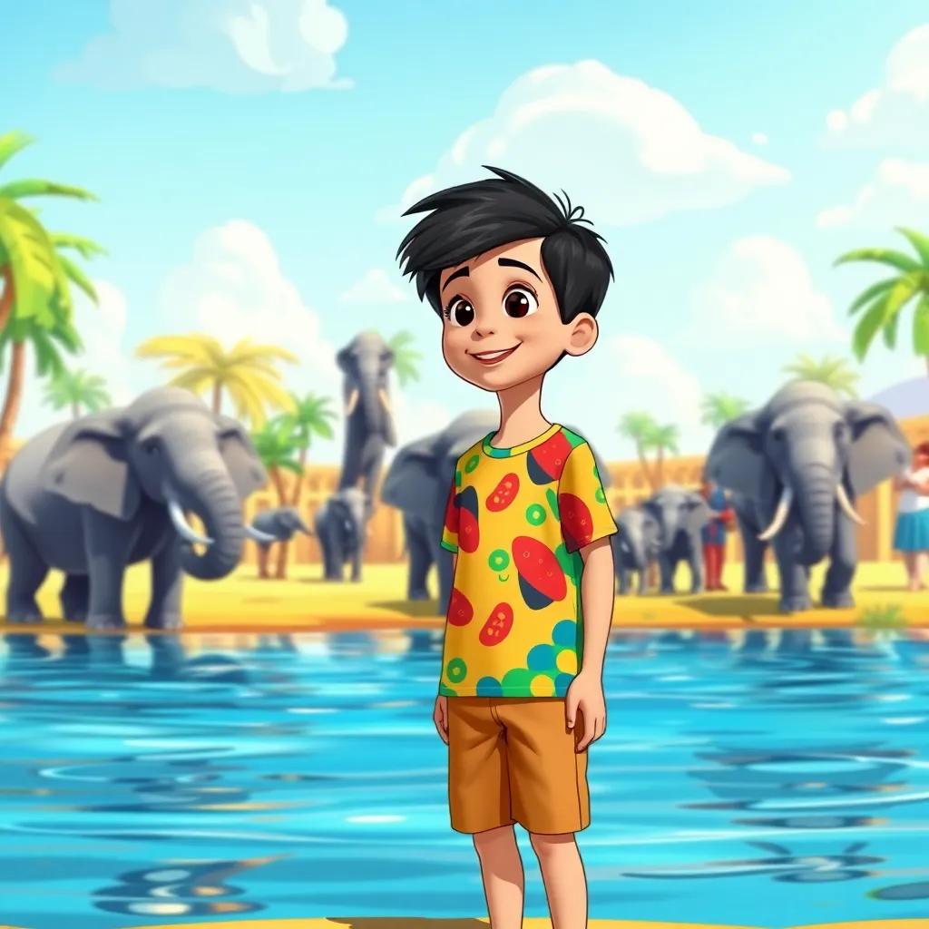 A young Arab boy, Ali, with short black hair, wearing a colorful t-shirt and shorts, watching big elephants playing in the water, everyone laughing, colorful scenery, playful mood, illustration, vibrant, child-friendly