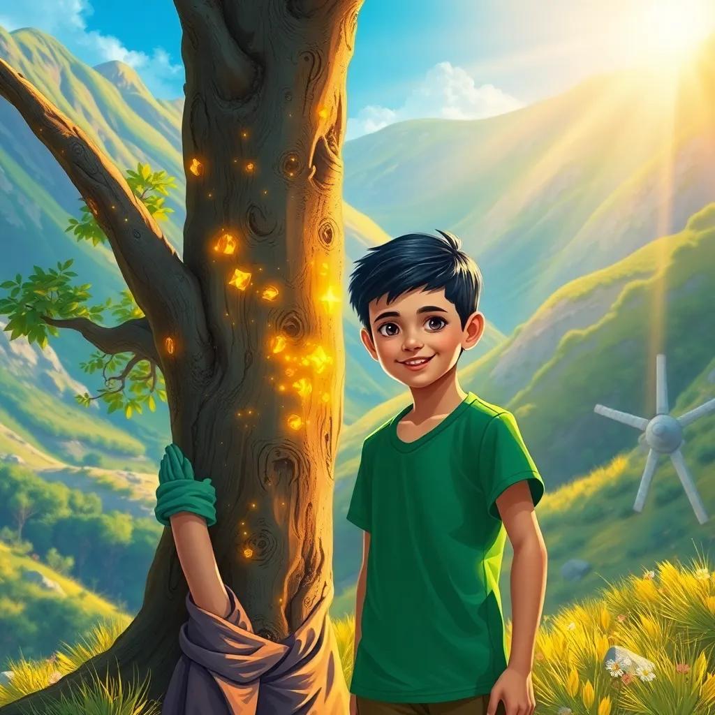 A young boy, Ali, with short black hair, wearing a green shirt and brown shorts, standing near a shiny tree in a beautiful valley, bright sunlight, glowing bark of the tree, magical atmosphere, digital art, vibrant colors, cheerful, high quality