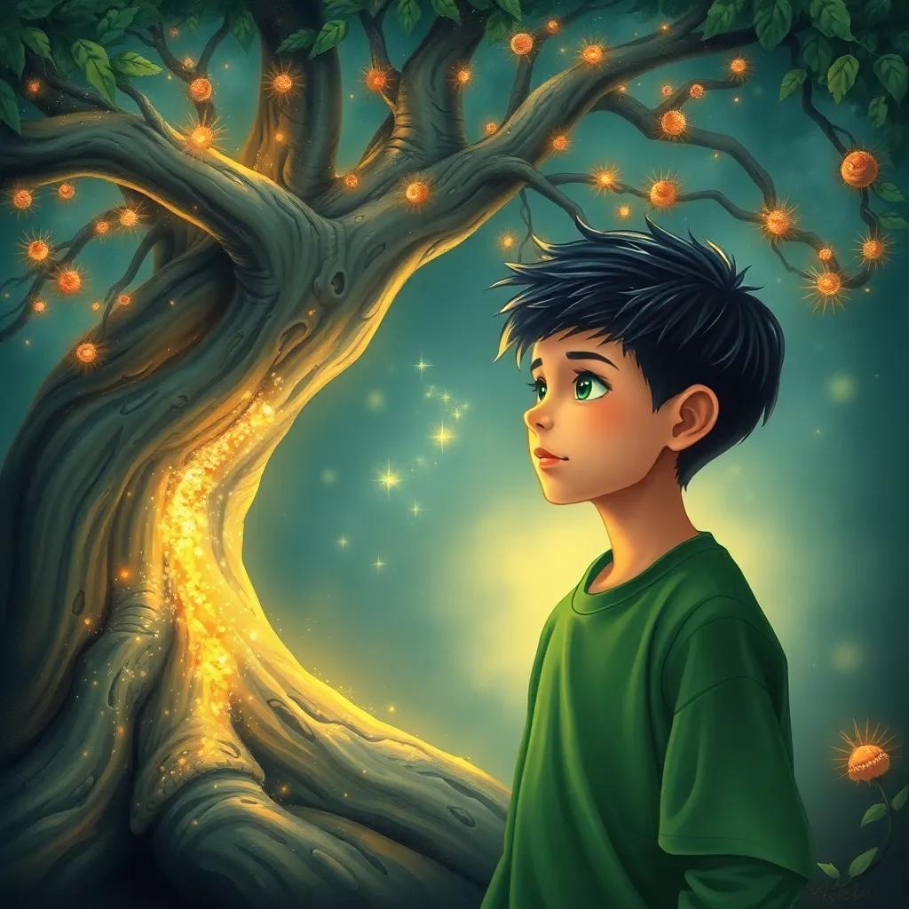 A mystical tree with sparkling bark and petals, whispering to Ali, a young boy with short black hair in a green shirt, surrounded by nature, soft light, enchanting scenery, magical essence, illustration, high quality