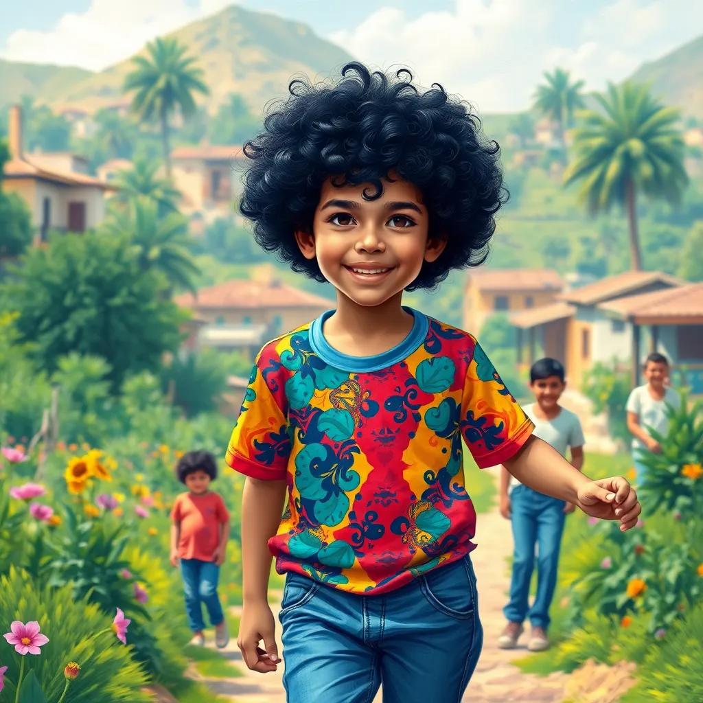 A young Arab boy, Ali, with curly black hair wearing a colorful t-shirt and jeans, playing with his friends in a beautiful village filled with greenery, digital art, cheerful, vibrant colors, joyful atmosphere, high quality