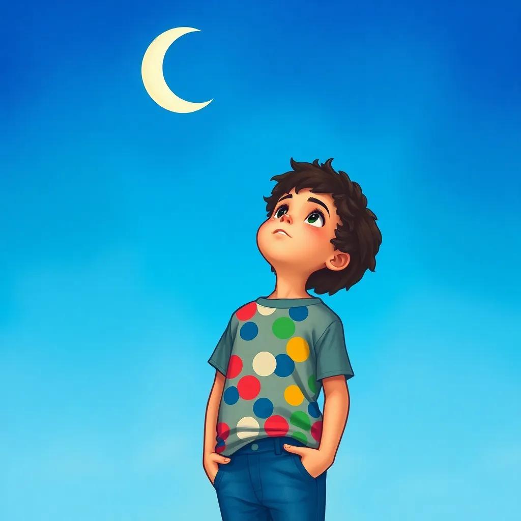 A young Arab boy, Ali, with curly black hair wearing a colorful t-shirt and jeans, looking up at the sky excitedly as he searches for the crescent moon, under a clear blue sky, illustration, hopeful, bright, child-friendly
