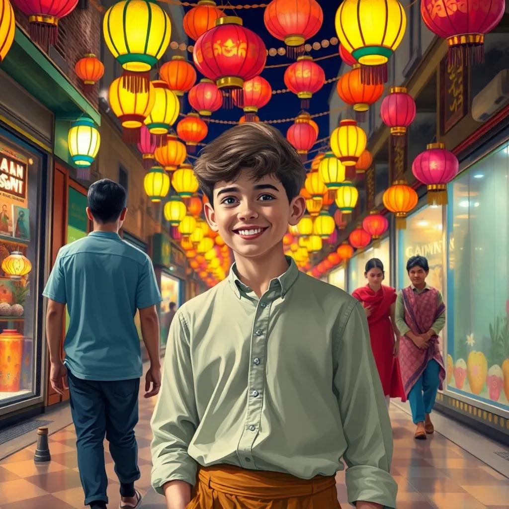 Young Ali, wearing his best clothes, walking happily in a street decorated with lanterns for Ramadan, beside his friends, colorful decorations around, digital painting, festive, lively atmosphere, high quality