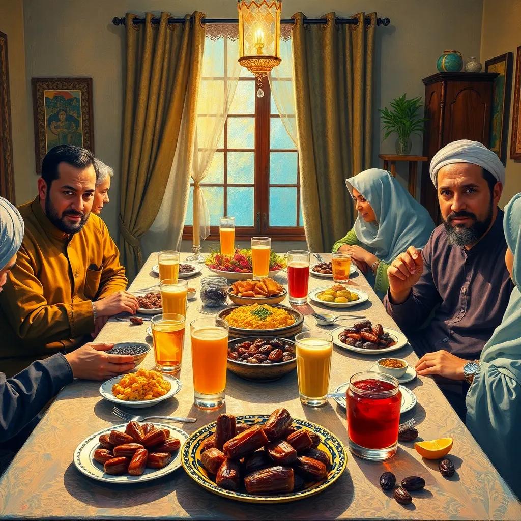 An inviting dining table filled with delicious iftar dishes, featuring dates, juice and traditional food, with Ali and his family around the table, warm light, cozy setting, heartwarming scene, high quality