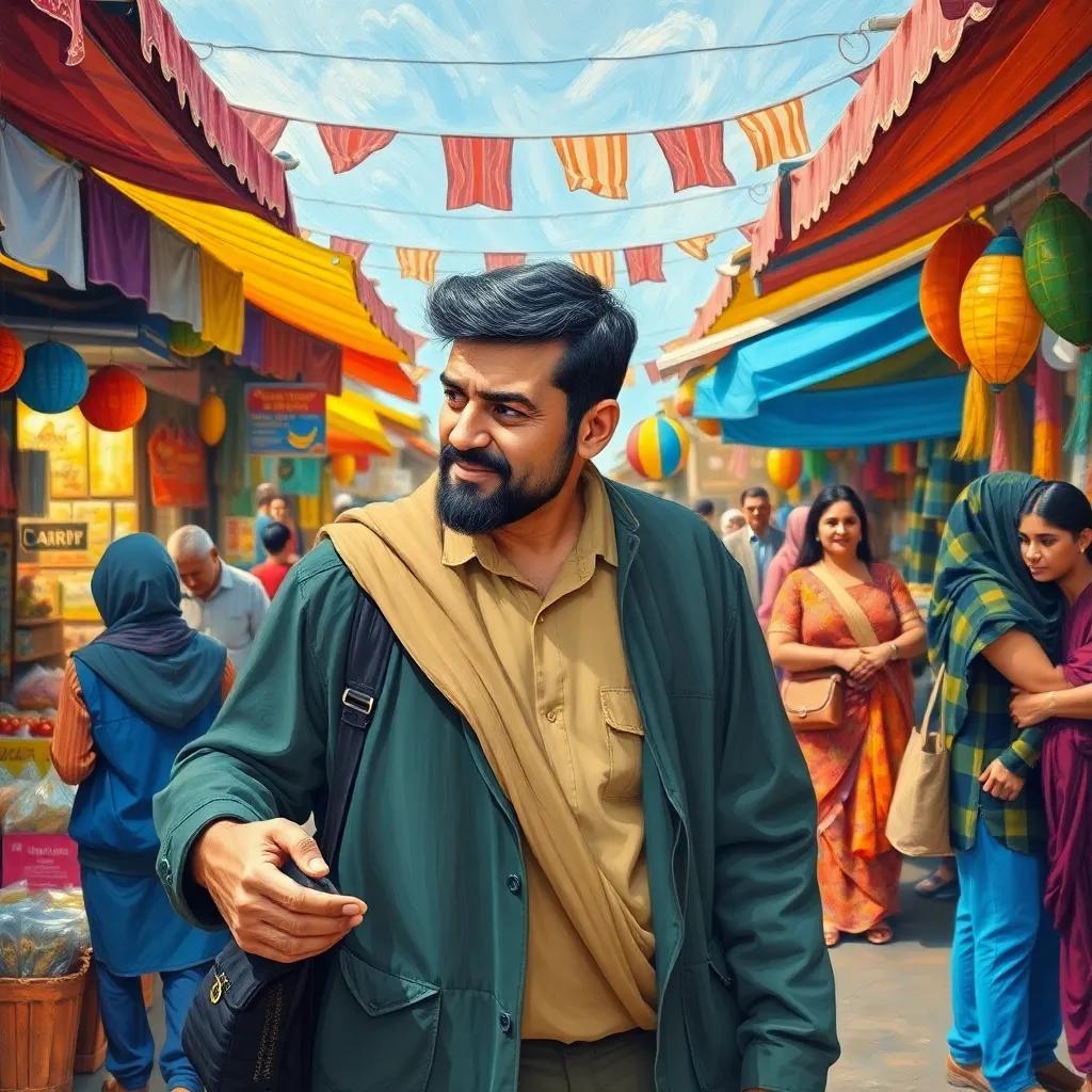 Ali and his father walking together in a lively market, with colorful stalls and people around, father explaining the importance of charity, cheerful atmosphere, busy scene, child-friendly