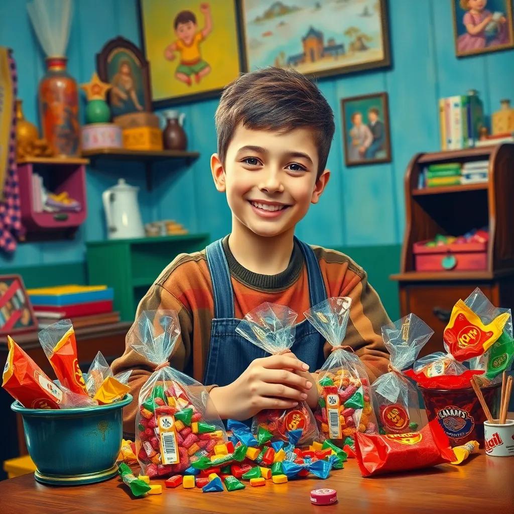 Young Ali preparing candy bags with a smile on his face, colorful wrappers and treats around, in his cheerful room, nostalgic, warm colors, engaging scene, high quality
