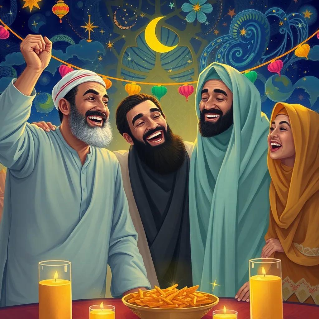 Ali and his friends celebrating Ramadan with laughter, colorful decorations around, the sky filled with stars, cheerful atmosphere, lively celebration, digital art, high quality