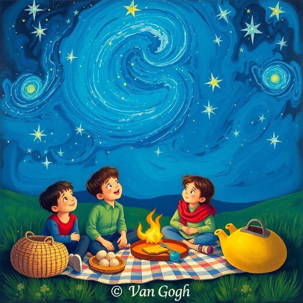 Ali and his friends sharing their dreams, sitting under a starry night sky, looking hopeful and excited, colorful picnic setup, heartwarming scene, child-friendly