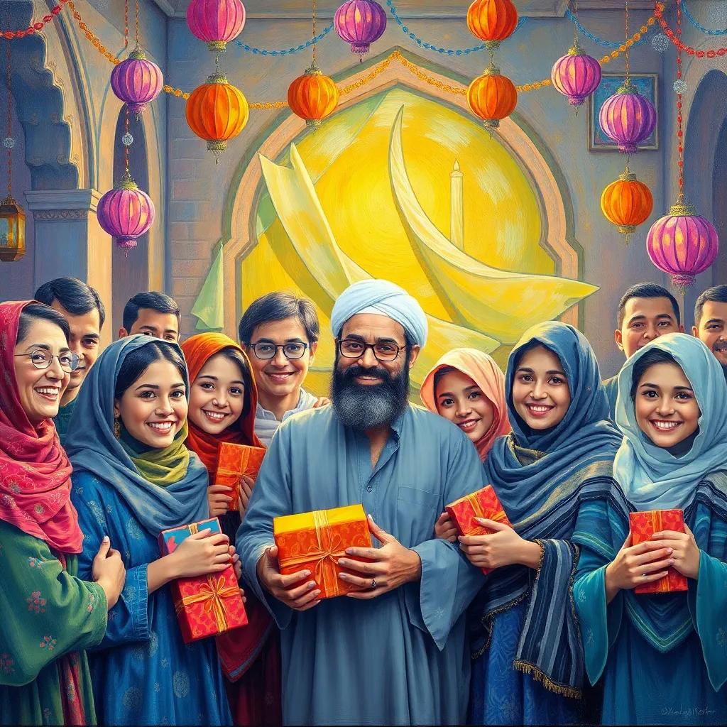 Ali celebrating Eid al-Fitr with his family and friends, everyone smiling and holding gifts, colorful decorations around, joyful atmosphere, high quality