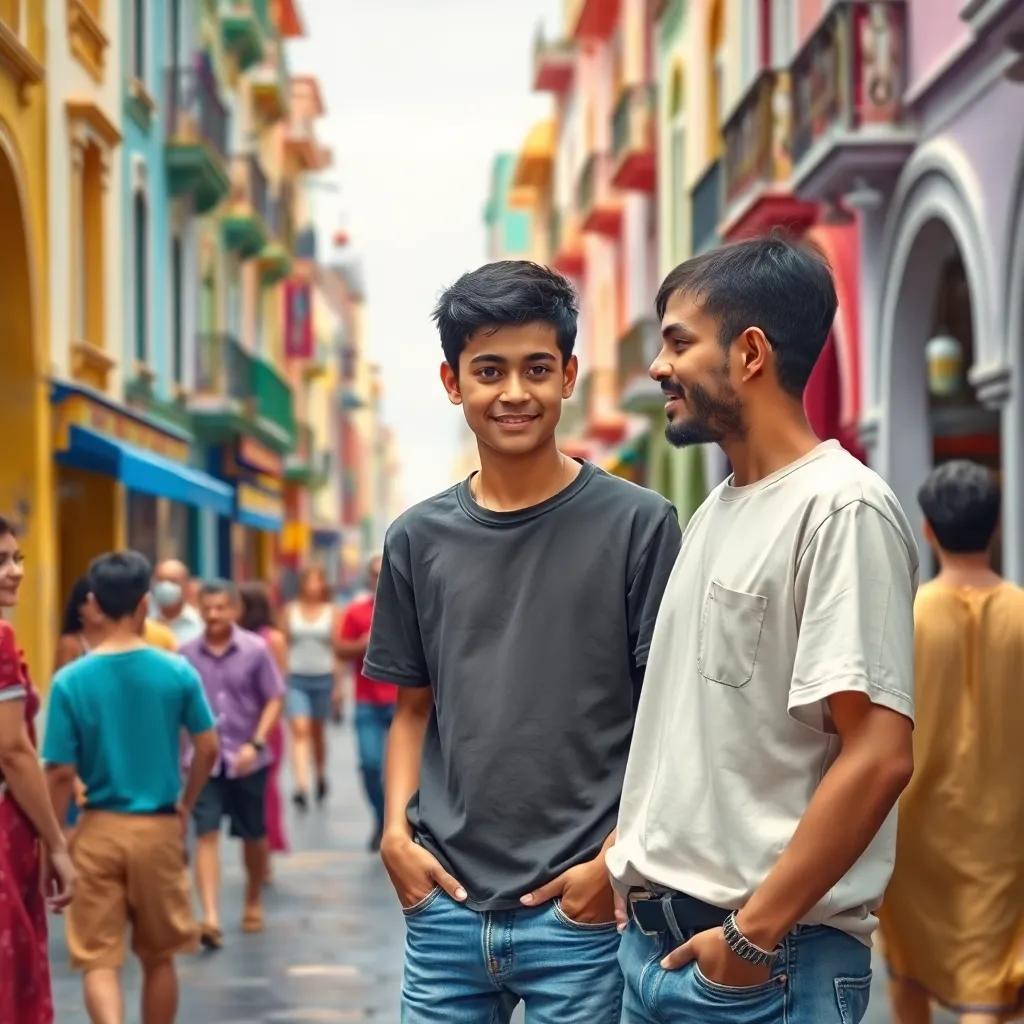 A young Arab boy, Ali, with short black hair, wearing a casual t-shirt and jeans, talking to his friend Muhammad in a bustling city street with colorful buildings and people, vibrant colors, cheerful atmosphere, engaging scene, high quality