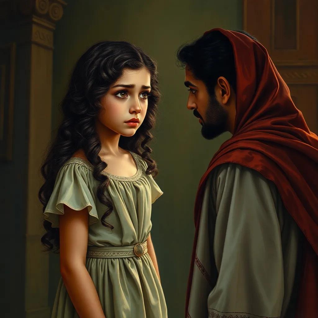 A young Arab girl, Sabah, with long curly hair, wearing a beautiful dress, looking worried as she talks to Ali in a dimly lit room, intense expressions, dramatic lighting, emotional scene, high quality