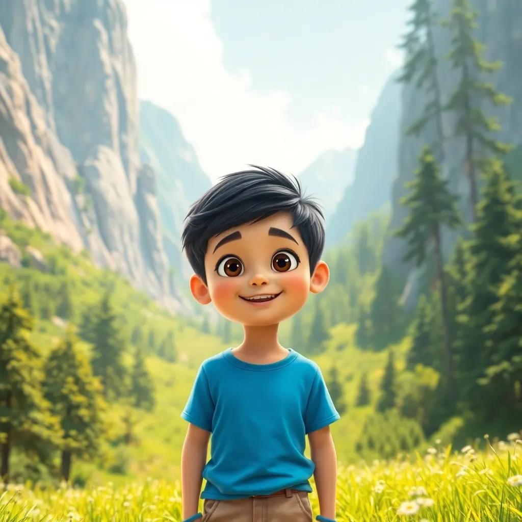 A young boy, Ali, with short black hair wearing a blue t-shirt and beige shorts, standing in a green valley surrounded by tall mountains and thick trees, bright sunny day, cheerful atmosphere, digital art, vibrant colors, happy expression, high quality