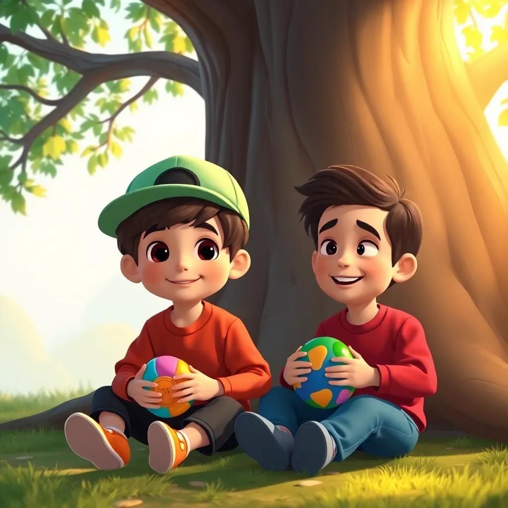 A shy boy, Yusuf, with brown hair wearing a light green cap and a red shirt, sitting under a big tree with Ali, both smiling and holding colorful toys, warm light, friendly setting, illustration, inviting colors, child-friendly, high quality