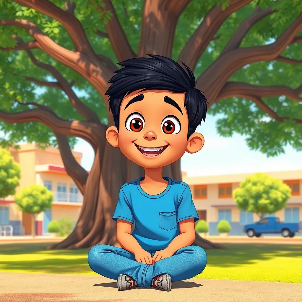 A 10-year-old Arab boy, Ali, with short black hair, wearing a blue shirt and jeans, sitting under a large tree in a school yard, smiling and looking excited, digital art, cheerful, bright colors, warm atmosphere, high quality