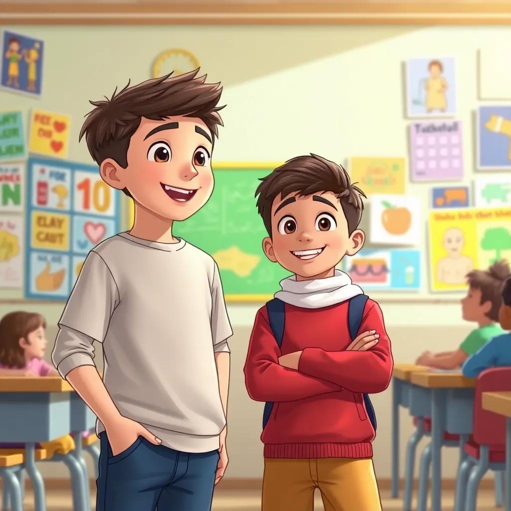 Two 10-year-old Arab boys, Ali and Omar, standing in a classroom filled with colorful posters, talking to their friends about a cleaning campaign, lively expressions, illustration, engaging, inviting ambiance, bright colors, high quality